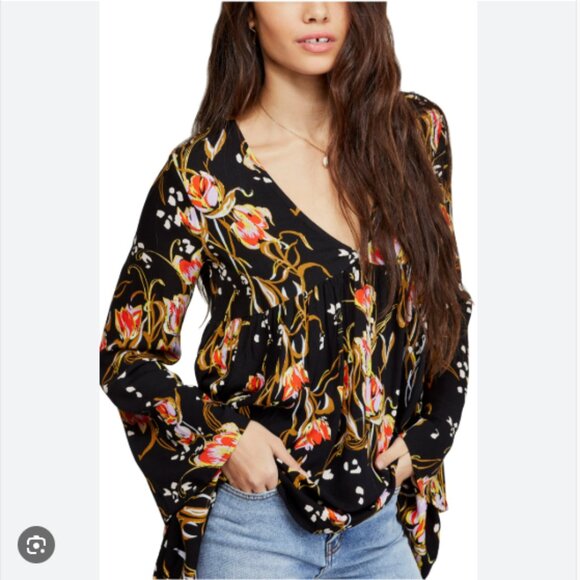Free People Bella Floral Print Tunic Flowy Bohemian Flared Sleeve Top Sz Medium - Picture 1 of 7